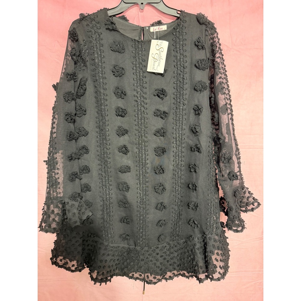 La' Ros Black 3D Floral Pom Pom Swiss Dot Ruffle Mini Dress Large NWT